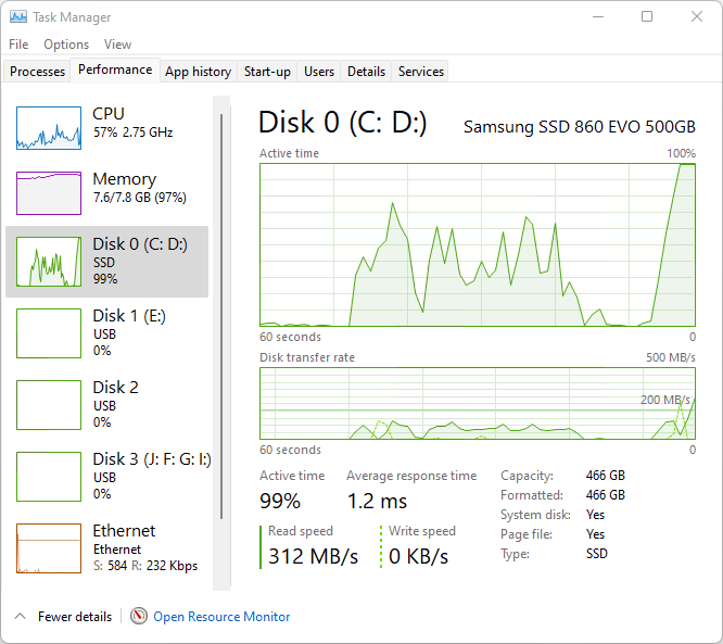 Test disk speed via Task Manager