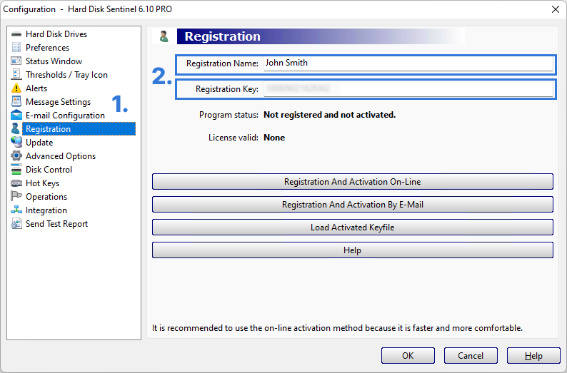 Click on Help and select Enter registration key in Hard Disk Sentinel Pro.
Please enter your name (or nickname) as username (you can use any name) and the received 15 digit license code you'll receive in the e-mail.