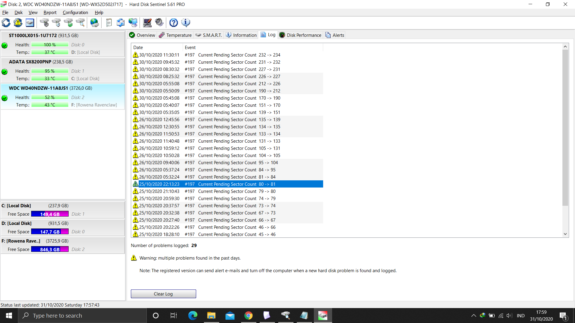 - 25/10/2020 _ when i initially do the test to see if my video files are ok<br />- 26/10/2020 _ is when im trying to backup the file to another drive and find that some of them can't be copied<br />- 30/10/2020 _ disk - surface test - repair and found new weak / pending sector