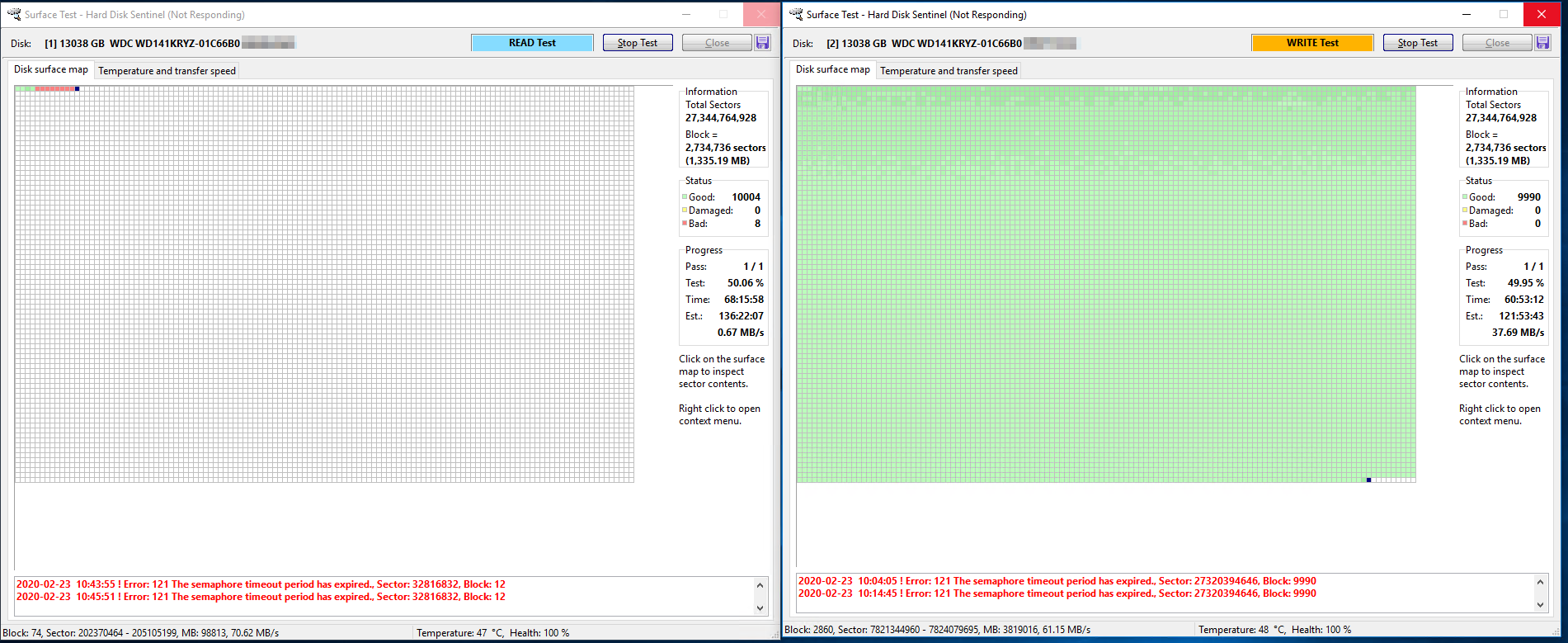 Screenshot of both surface tests with error message.