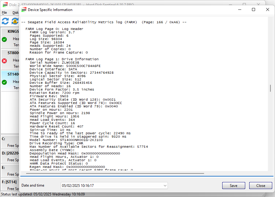 Seagate Field Access Reliability Metrics log (FARM log) in Hard Disk Sentinel