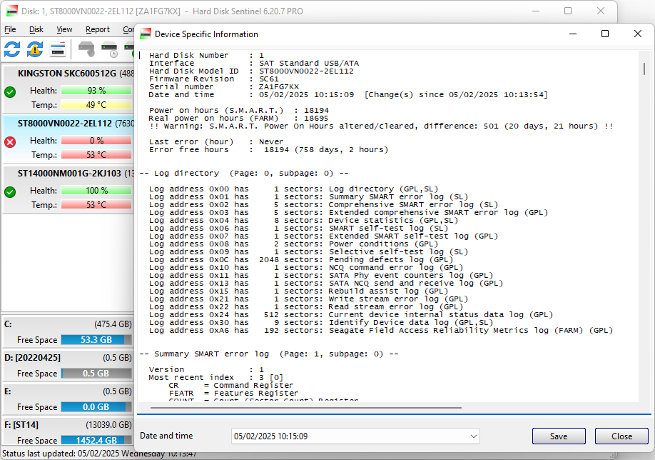 Seagate Field Access Reliability Metrics log (FARM log) Power on hours altered cleared reset in Hard Disk Sentinel