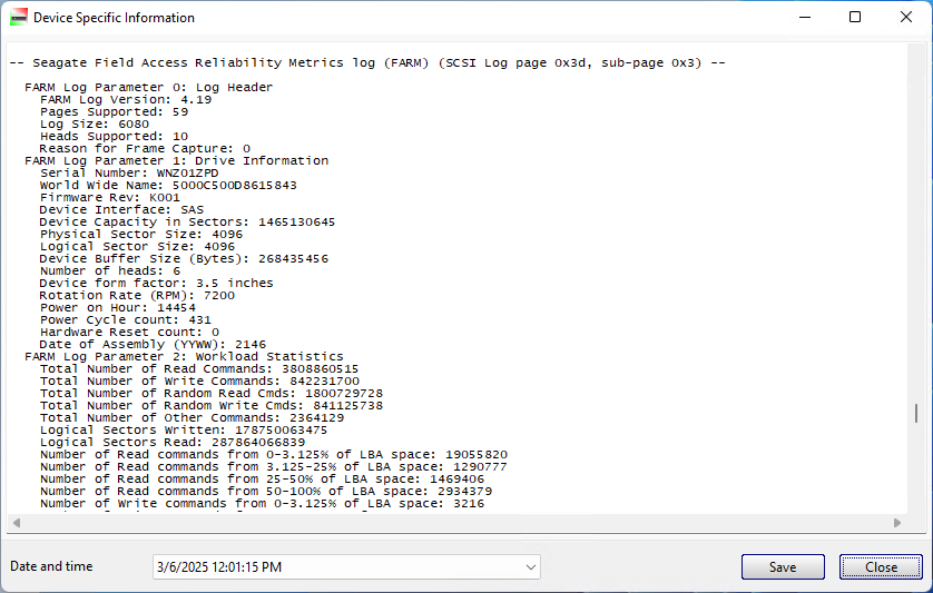 Seagate SAS Field Access Reliability Metrics log (FARM log) Details